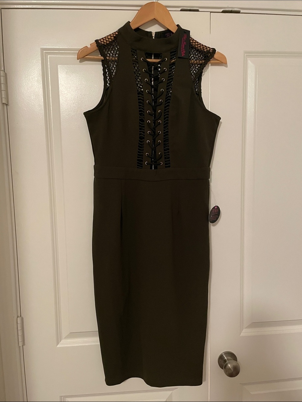 Hot Miami Styles NWT Olive Green Tie Up Bodice Zipper Dress L